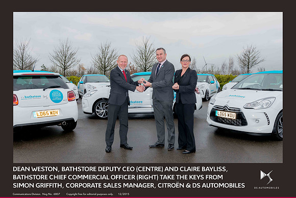 Dean Weston, bathstore Deputy CEO (centre) and Claire Bayliss, bathstore Chief Commercial Officer (right) take the keys from Simon Griffith, Corporate Sales Manager, Citroën & DS Automobiles